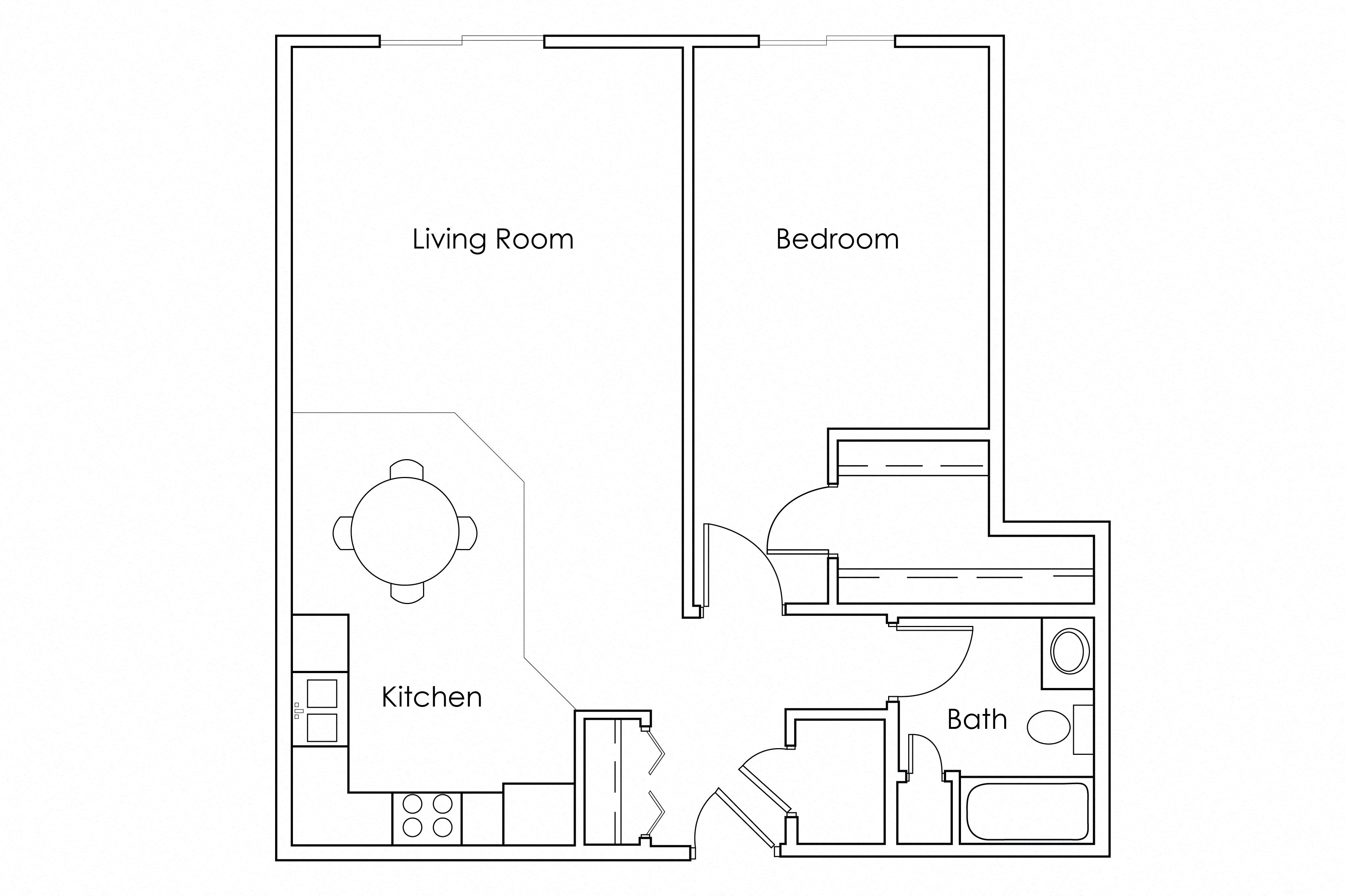 Floor plan for 1 bed, 1 bath, 750 sqft
